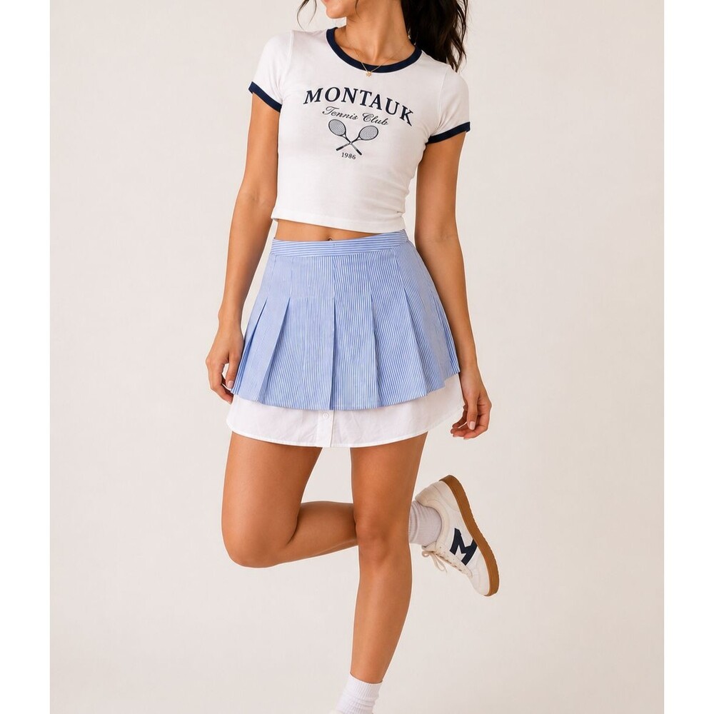 Anthropologie Sunday in Brooklyn Blue Stripe Pleated Skirt XS Preppy Layered Hem